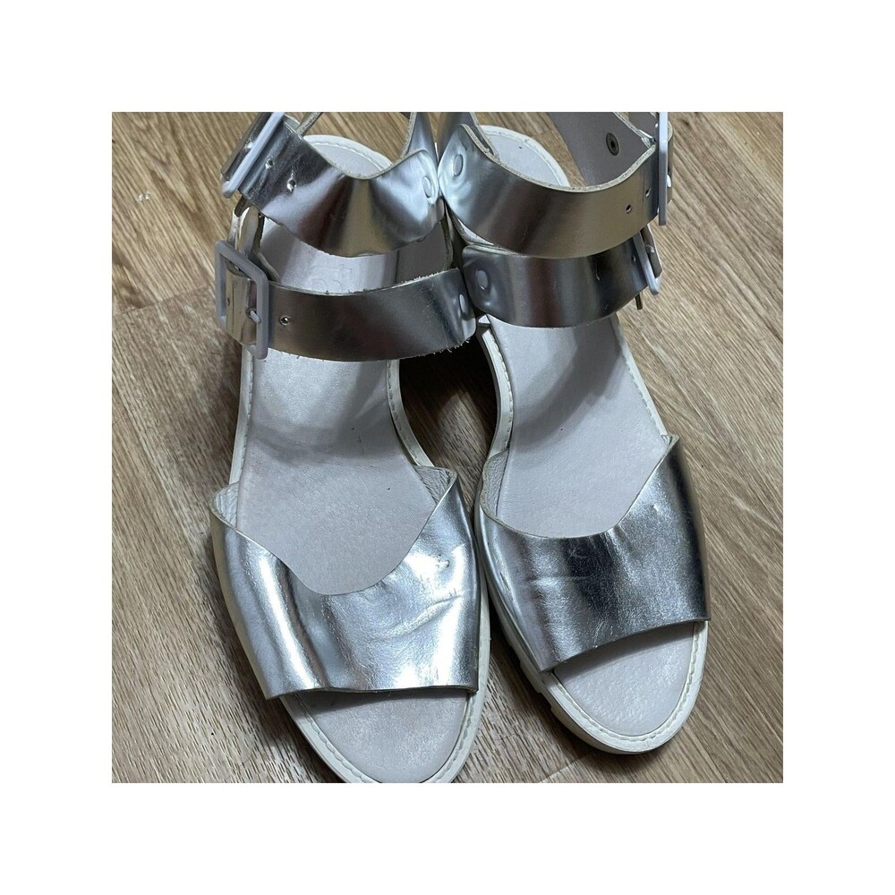 Miista Shoes Womens Size 10 Silver Leather Strappy Sandals Platform Buckle